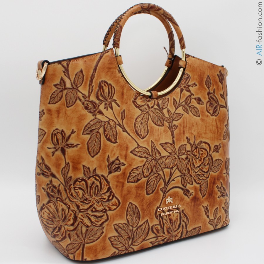 Ladies Bags Cuoieria Fiorentina | Cuoieria Fiorentina Beige-Ochre Tuscan Leather Tote Bag With Floral Pattern, Made In Italy B000005569385