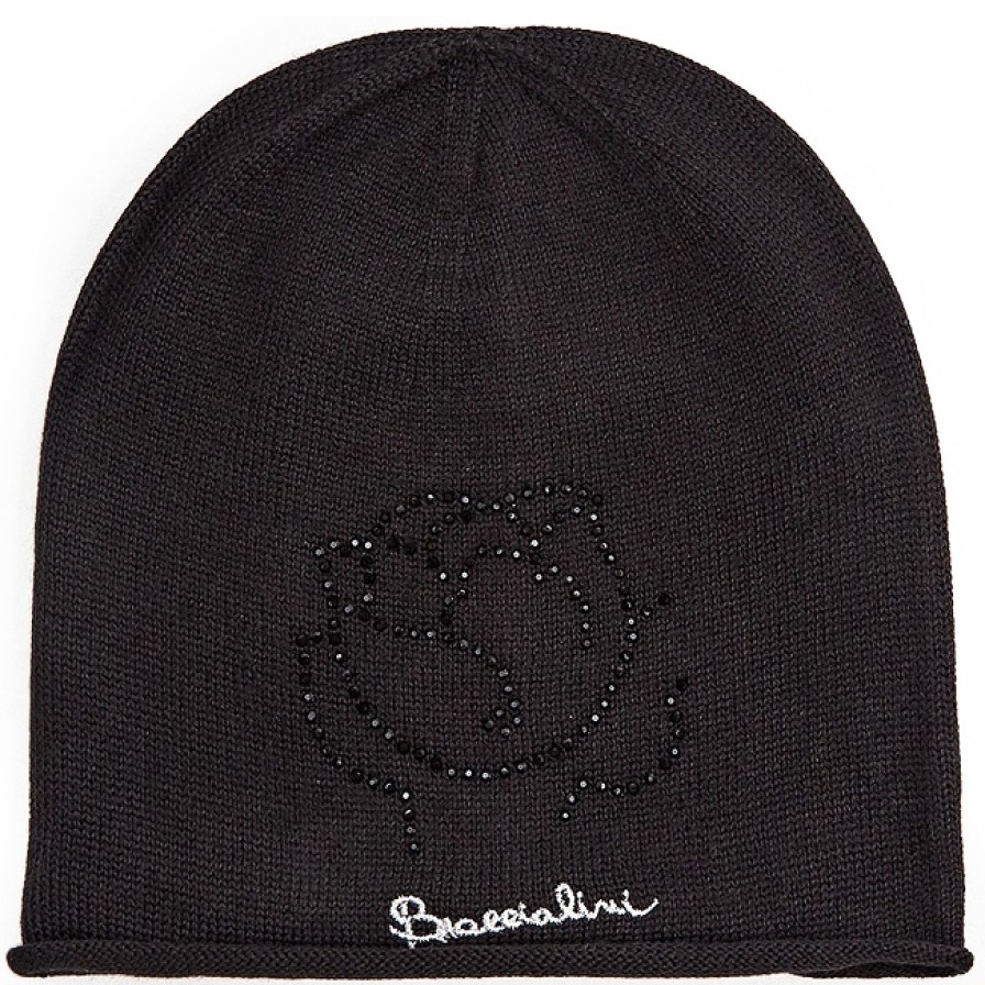 Ladies Matching Clothing For Bags Braccialini | Braccialini Warm Hat With Rhinestone Rose, Black Color Bclw41-122-Black