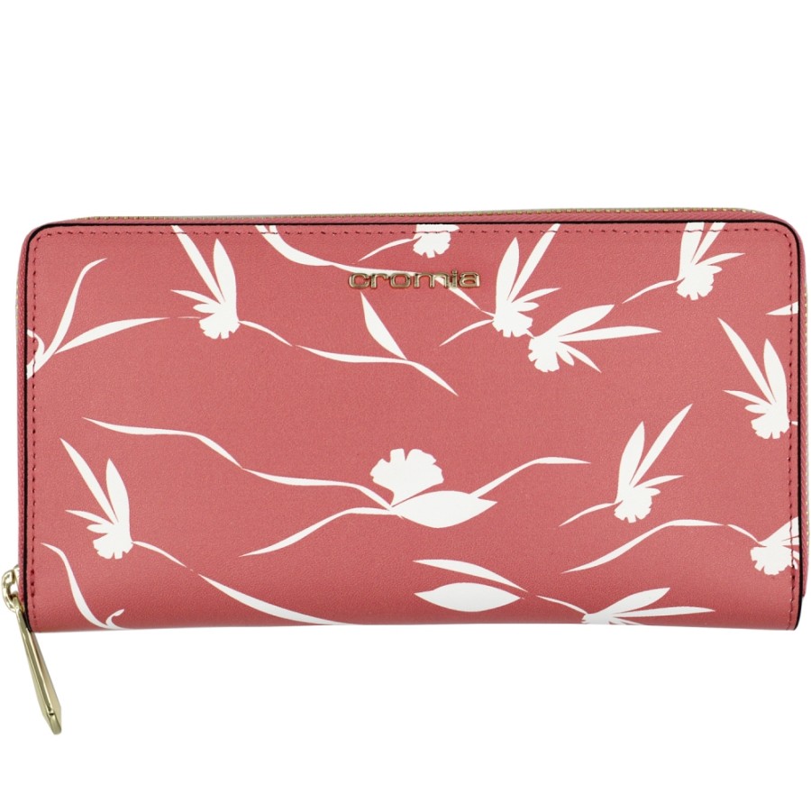 Ladies Accessories Cromia | Cromia Women'S Zip Around Wallet Of Pink Leather With White Flower Pattern 2611180