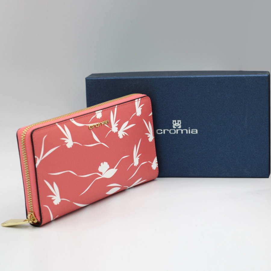 Ladies Accessories Cromia | Cromia Women'S Zip Around Wallet Of Pink Leather With White Flower Pattern 2611180