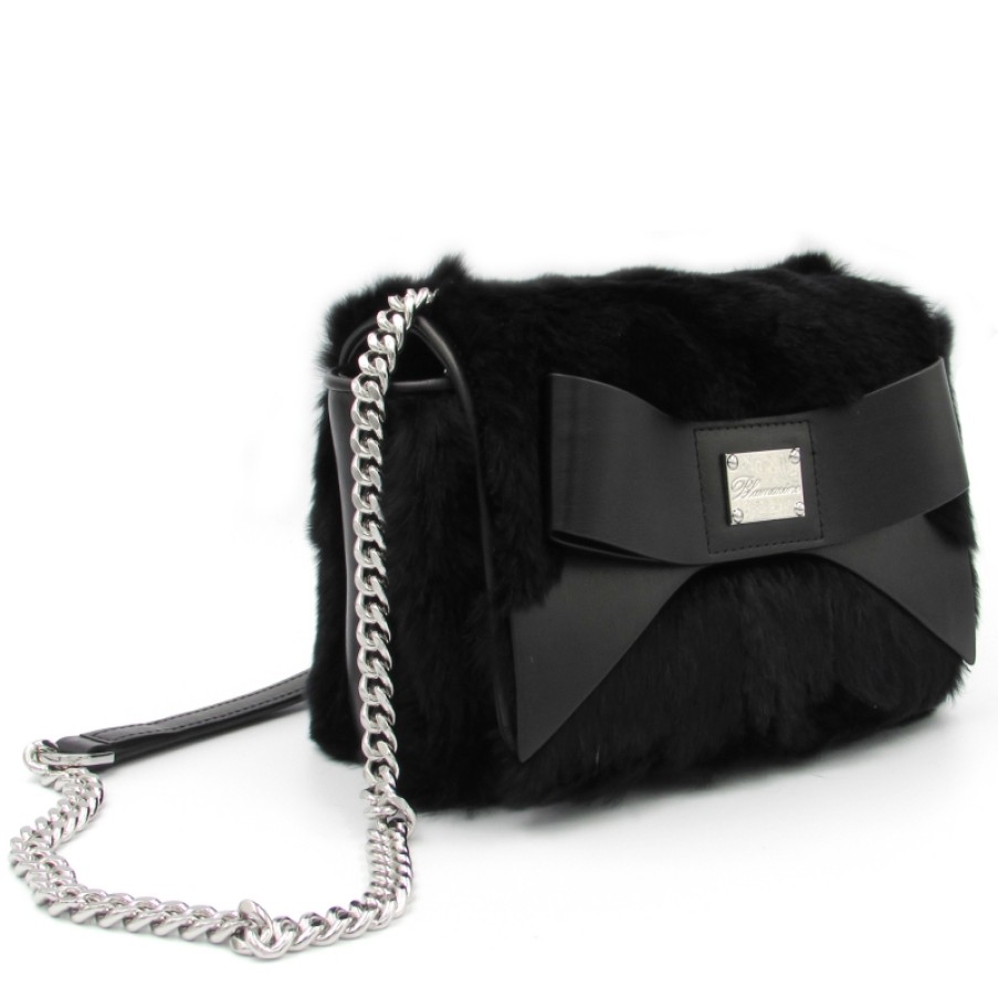 Ladies Bags Blumarine | Blumarine Black Fur Designer Mini Bag Decorated With Bow B83Pwb580012999