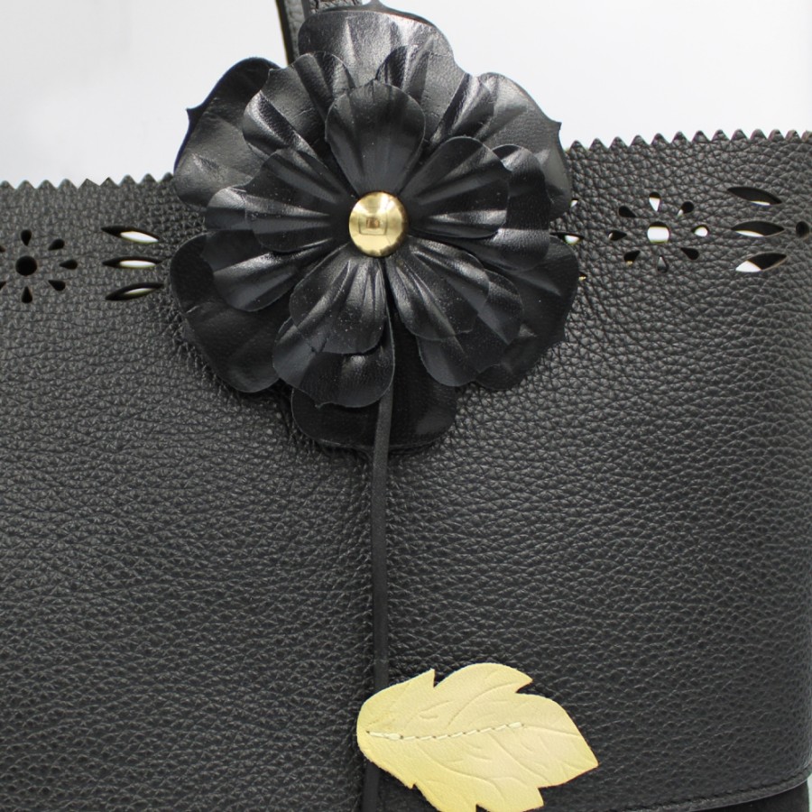 Ladies Bags Braccialini | Braccialini Black Leather Shopper Bag With Flower And Perforated Edges, Made In Italy B16641-100