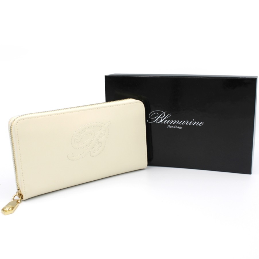 Ladies Accessories Blumarine | Blumarine Women'S Ivory-Colored Leather Zip-Around Wallet With Monogram B83Pwb571923010