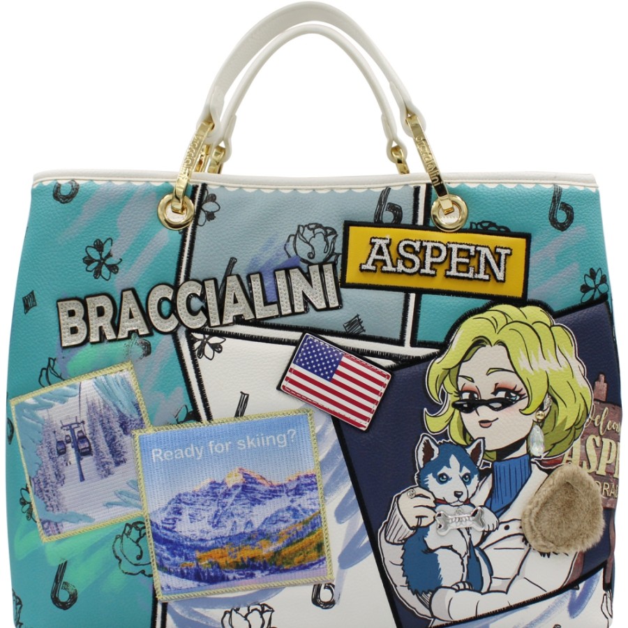 Ladies Bags Braccialini | Braccialini Turquoise And White Tote Bag With Winter Postcard Image Of Aspen, Usa B16804