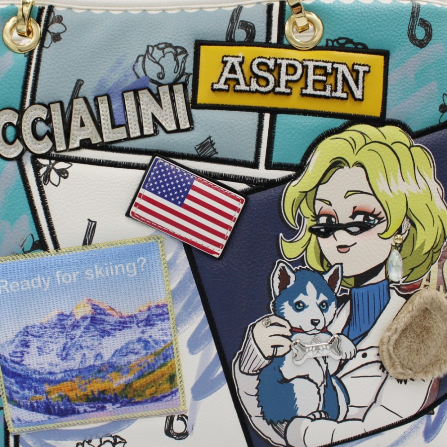 Ladies Bags Braccialini | Braccialini Turquoise And White Tote Bag With Winter Postcard Image Of Aspen, Usa B16804