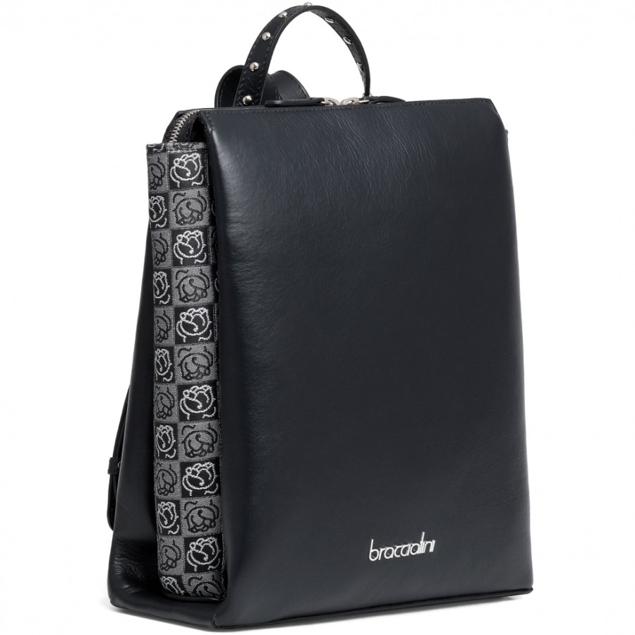 Ladies Bags Braccialini | Braccialini Backpack Of Black Leather And Jacquard With Roses Made In Italy B14364