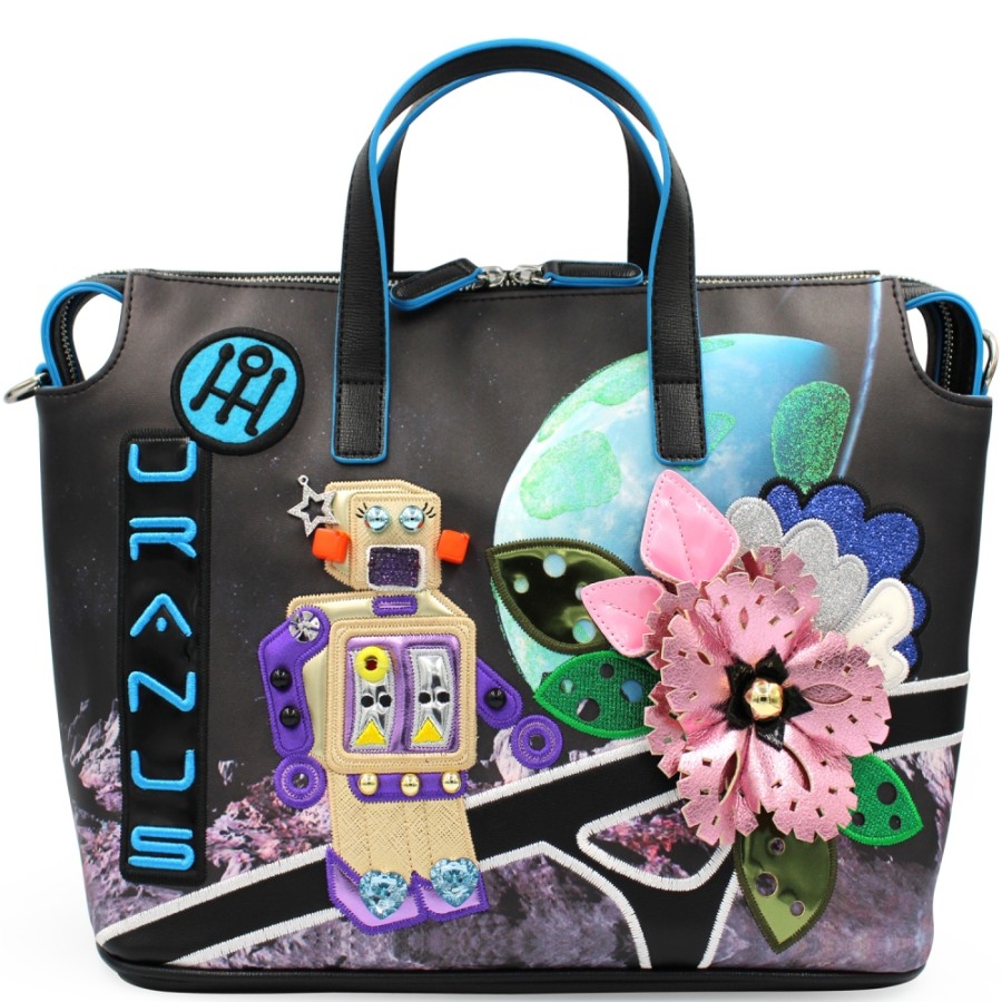 Ladies Bags Braccialini | Braccialini Designer Bag With Space-Themed Applique Of Robot And Uranium Planet B13243