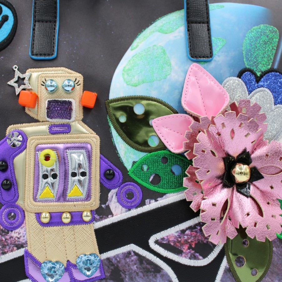 Ladies Bags Braccialini | Braccialini Designer Bag With Space-Themed Applique Of Robot And Uranium Planet B13243