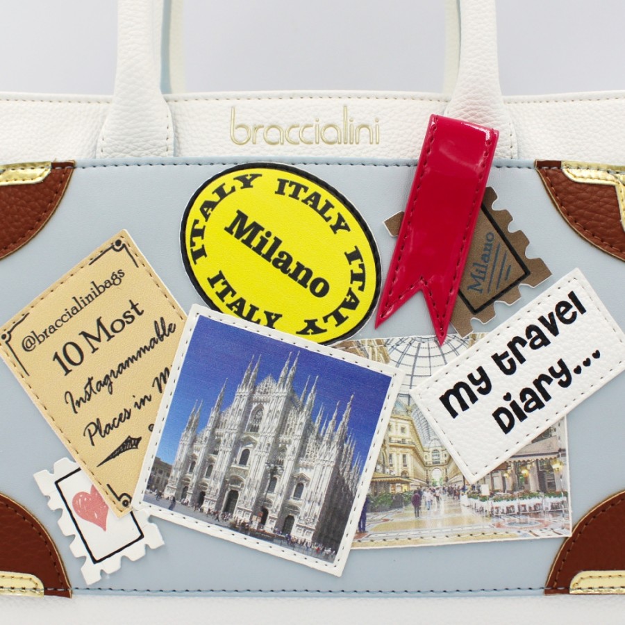 Ladies Bags Braccialini | Braccialini White Small Bag, With The Applique Of A Travel In Milan Diary B14860