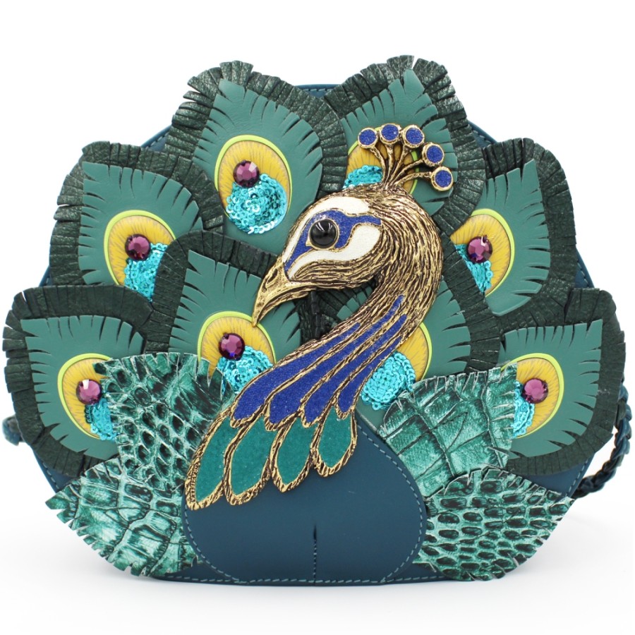 Ladies Bags Braccialini | Braccialini Temi Artistic Designer Leather Bag In The Shape Of Peacock B14400