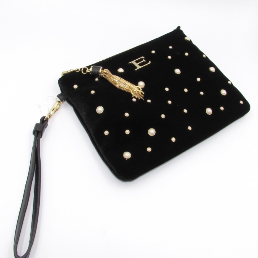 Ladies Bags ERMANNO Ermanno Scervino | Ermanno Ermanno Scervino Black Velvet Clutch Bag With Pearls 12400611Nero