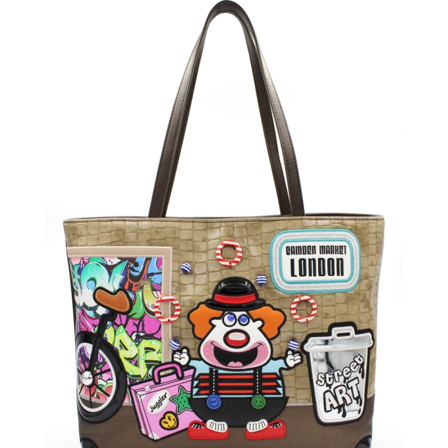 Ladies Bags Braccialini | Braccialini Brown Shopper Bag With London Street Artists Themed Applique B14552