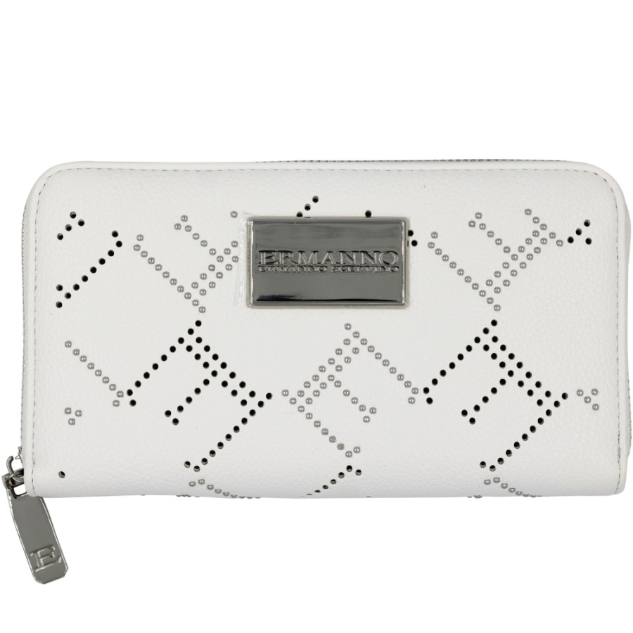 Ladies Accessories ERMANNO Ermanno Scervino | Ermanno Ermanno Scervino White Zippered Wallet With Perforated Ornament With Rivets 12600222