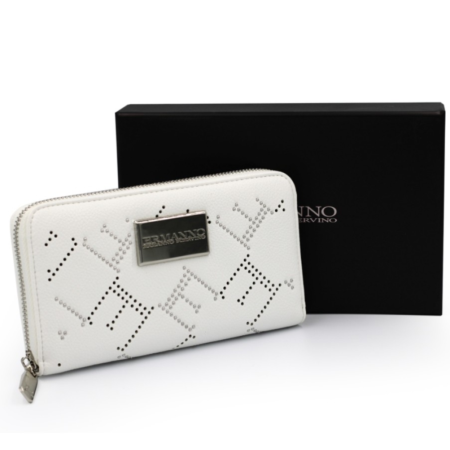 Ladies Accessories ERMANNO Ermanno Scervino | Ermanno Ermanno Scervino White Zippered Wallet With Perforated Ornament With Rivets 12600222