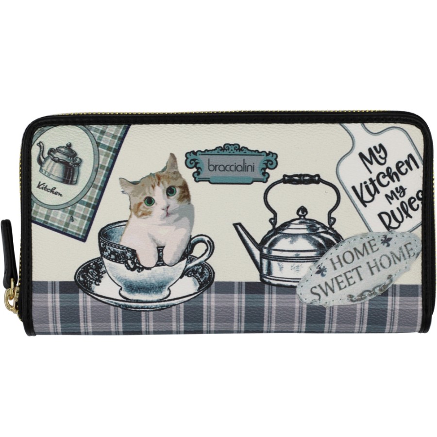 Ladies Accessories Braccialini | Braccialini Women'S Zip Around Wallet, With Cat-Themed Images In Postcards Style B16290_126-Al