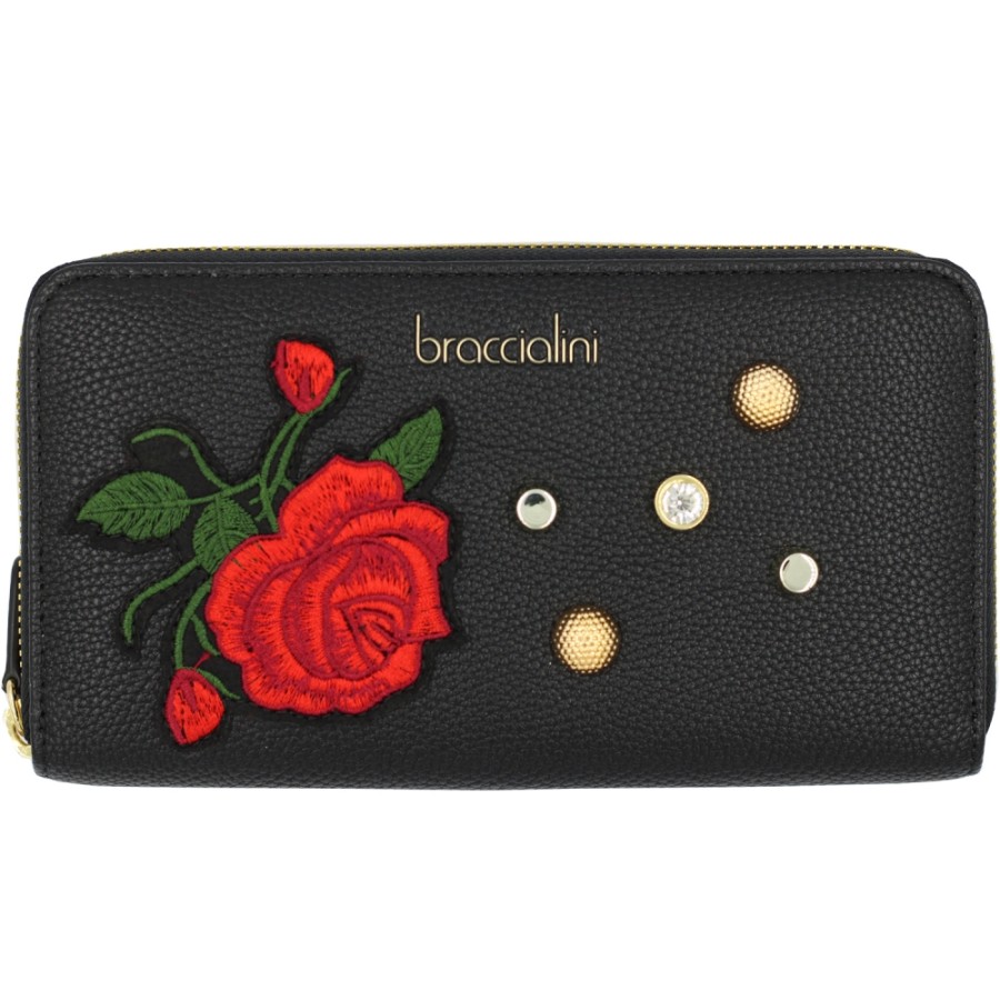 Ladies Accessories Braccialini | Braccialini Black Wallet With Zip, With Embroidered Rose And Crystals B14350-Rock