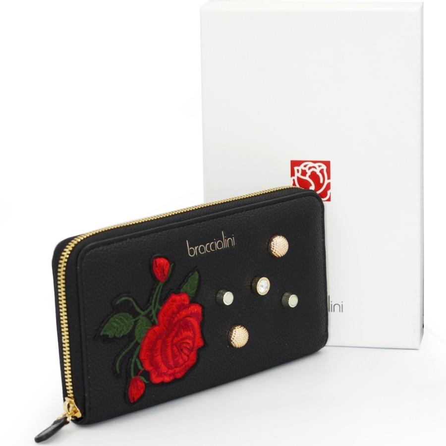 Ladies Accessories Braccialini | Braccialini Black Wallet With Zip, With Embroidered Rose And Crystals B14350-Rock