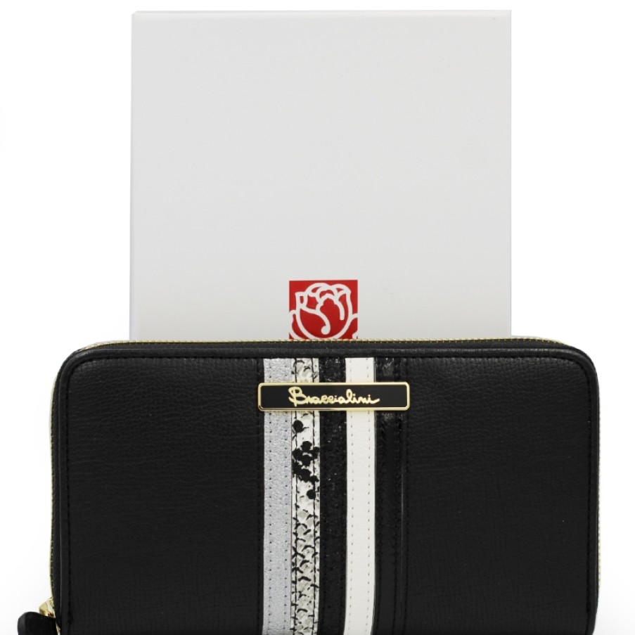 Ladies Accessories Braccialini | Braccialini Black Zip Around Wallet Decorated With Strips B14056/Nero