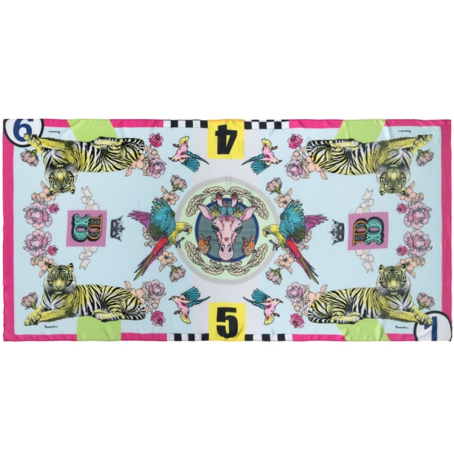 Ladies Matching Clothing For Bags Braccialini | Braccialini Scarf With Fantasy Print With Tigers, Parrots, Giraffe On The Light Blue Background Bfr59