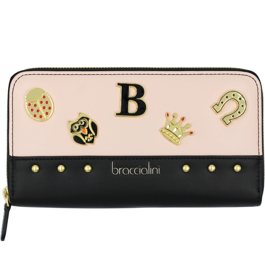 Ladies Accessories Braccialini | Braccialini Wallet With Zip, Pink & Black, With Applique Of Metallic Stickers B14350-126-As