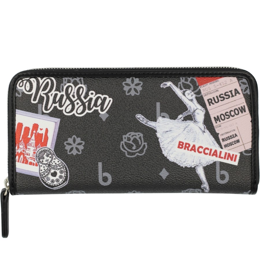 Ladies Accessories Braccialini | Braccialini Black Women'S Wallet With Zip, With Postcard Moscow Themed Print B16411