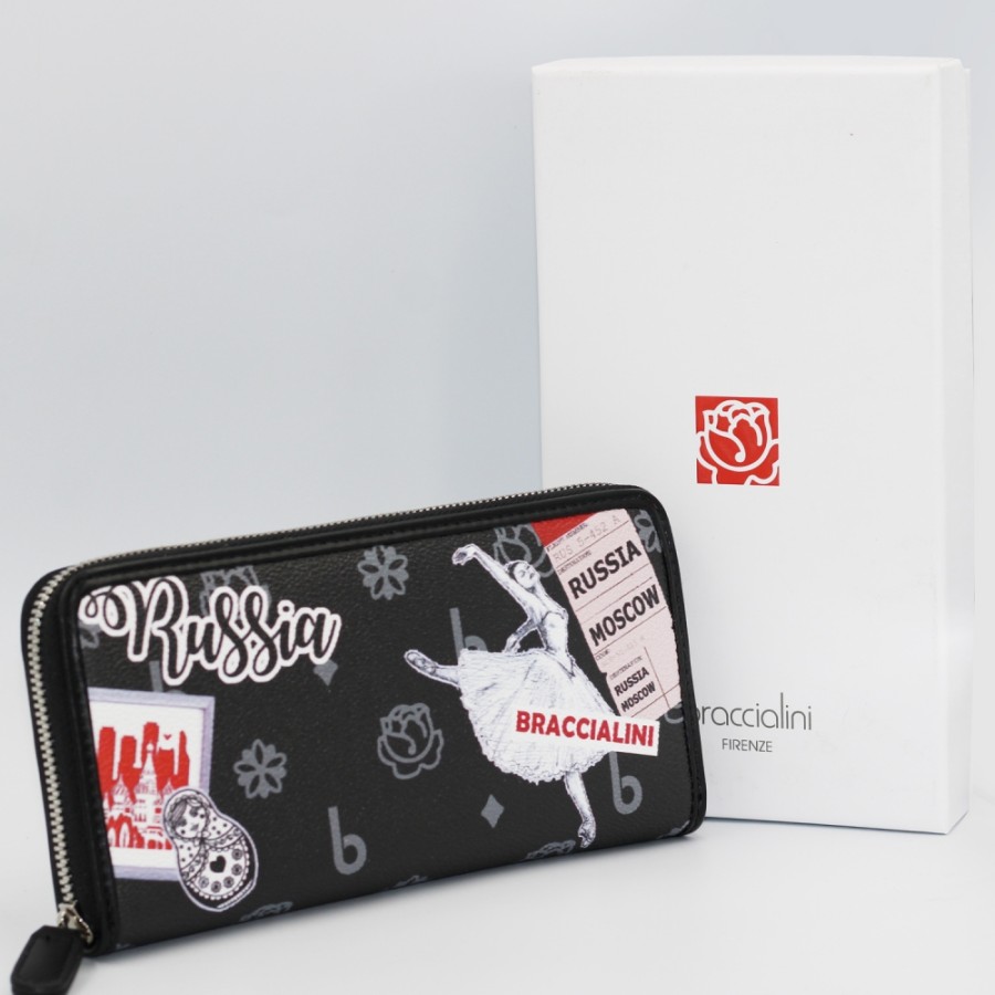 Ladies Accessories Braccialini | Braccialini Black Women'S Wallet With Zip, With Postcard Moscow Themed Print B16411