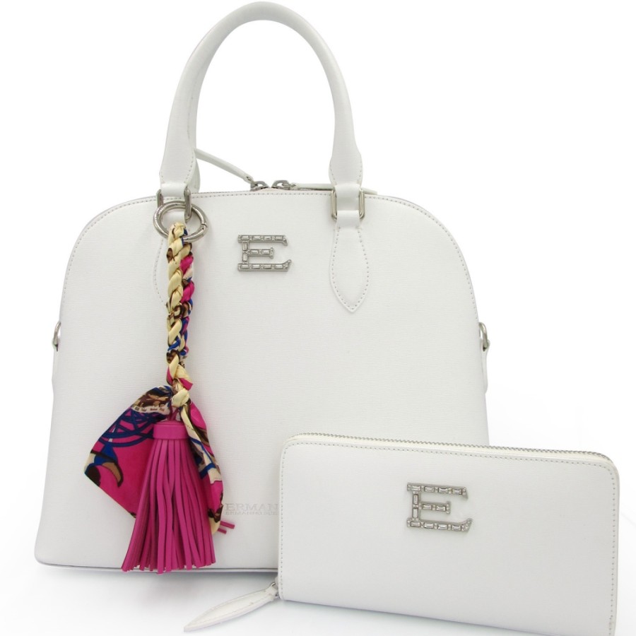 Ladies Bags ERMANNO Ermanno Scervino | Ermanno Ermanno Scervino Elegant White Leather Set Bugatti Bag With Matching Wallet 1240031312600086