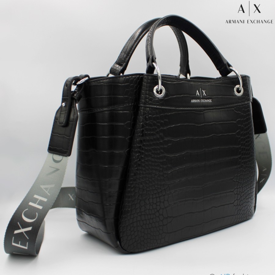 Ladies Bags Armani Exchange | Armani Exchange Black Mini Tote Bag With Croc Pattern 9429113F784100020