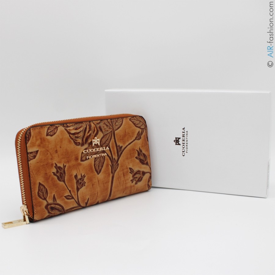 Ladies Accessories Cuoieria Fiorentina | Cuoieria Fiorentina Zip Around Wallet Of Dark Beige Leather With Embossed Roses, Made In Italy P0000D1014385_Beige