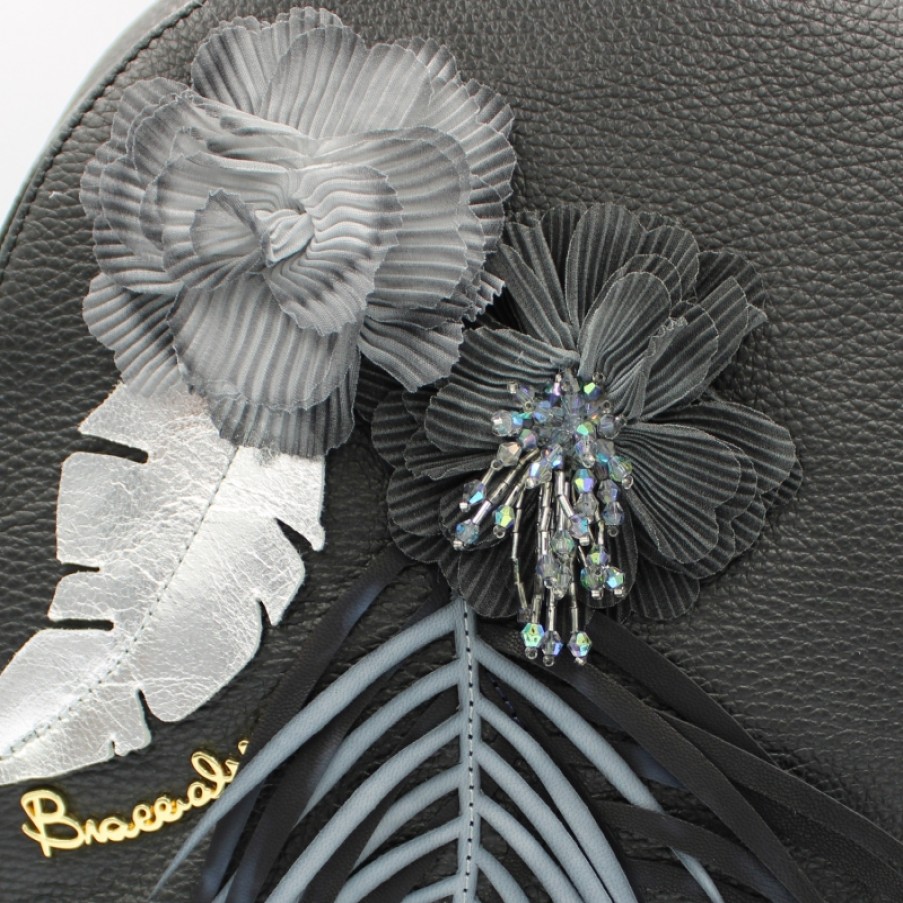 Ladies Bags Braccialini | Braccialini Fashion Black Leather Backpack With Applique Of Flowers Made In Italy B13613