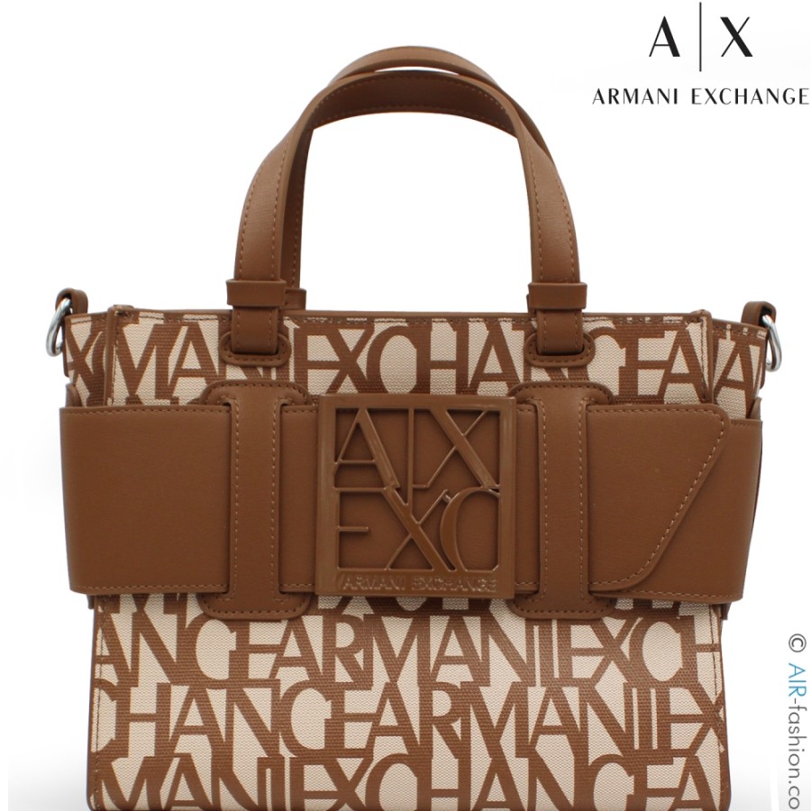 Ladies Bags Armani Exchange | Armani Exchange Small Tote Bag, With Brown On White Logos Pattern 9426903F742117511