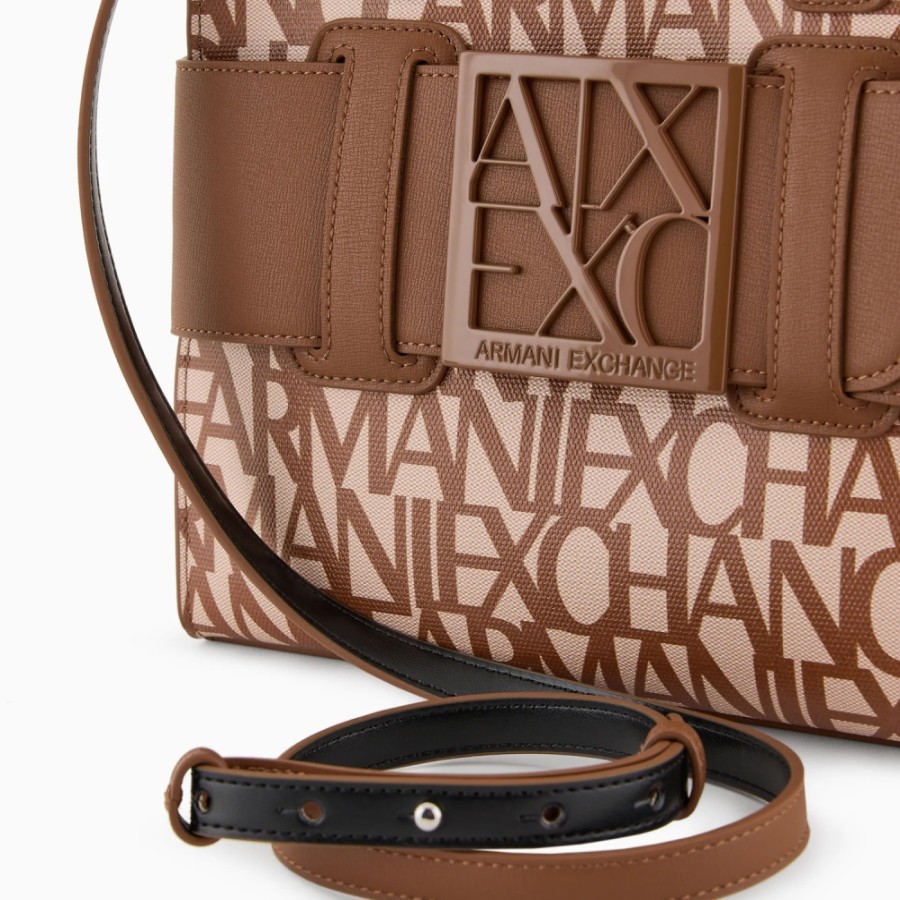 Ladies Bags Armani Exchange | Armani Exchange Small Tote Bag, With Brown On White Logos Pattern 9426903F742117511