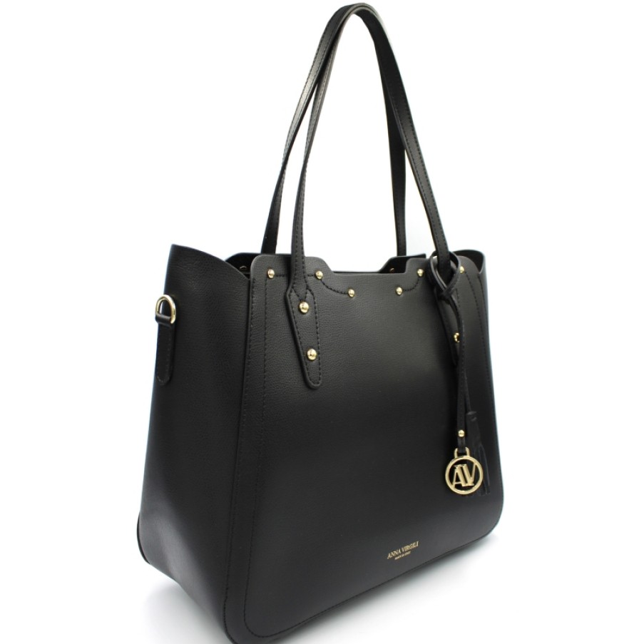 Ladies Bags ANNA VIRGILI | Anna Virgili Shopper Bag Of Black Leather With Detachable Shoulder Strap Made In Italy Acwhviwlmel