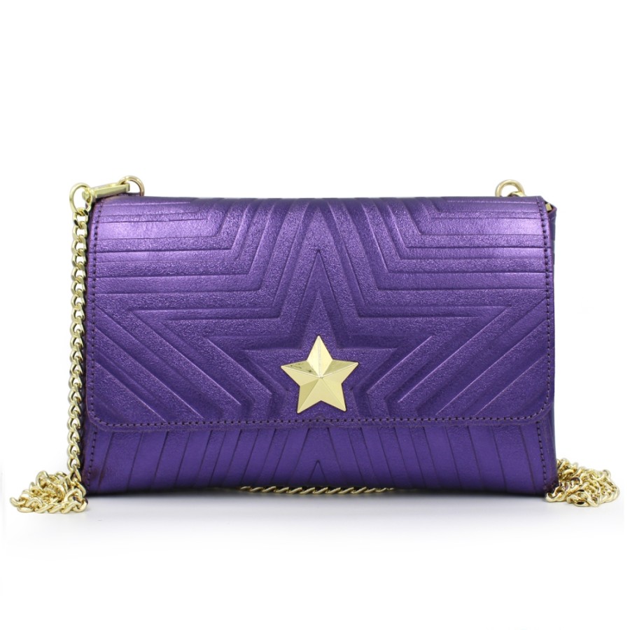 Ladies Bags M*BRC | M*Brc Purple Metallic Leather Clutch Bag With Chain Shoulder Strap F223_Viola