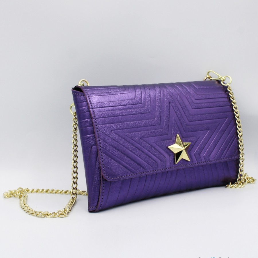 Ladies Bags M*BRC | M*Brc Purple Metallic Leather Clutch Bag With Chain Shoulder Strap F223_Viola