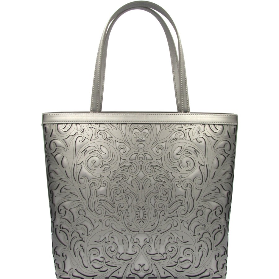 Ladies Bags Cavalli CLASS | Cavalli Class Fashion Silver Leather Shopper Bag With Perforated Ornament C83Pwcr80072001