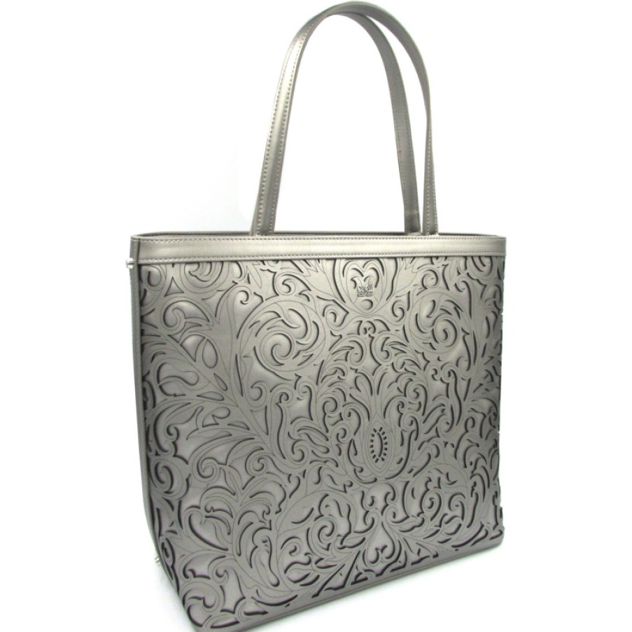 Ladies Bags Cavalli CLASS | Cavalli Class Fashion Silver Leather Shopper Bag With Perforated Ornament C83Pwcr80072001