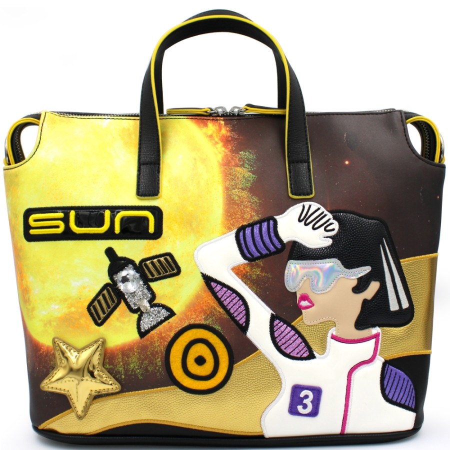 Ladies Bags Braccialini | Braccialini Satchel Bag With Colorful Sun And Space Travel Themed Collage B13257