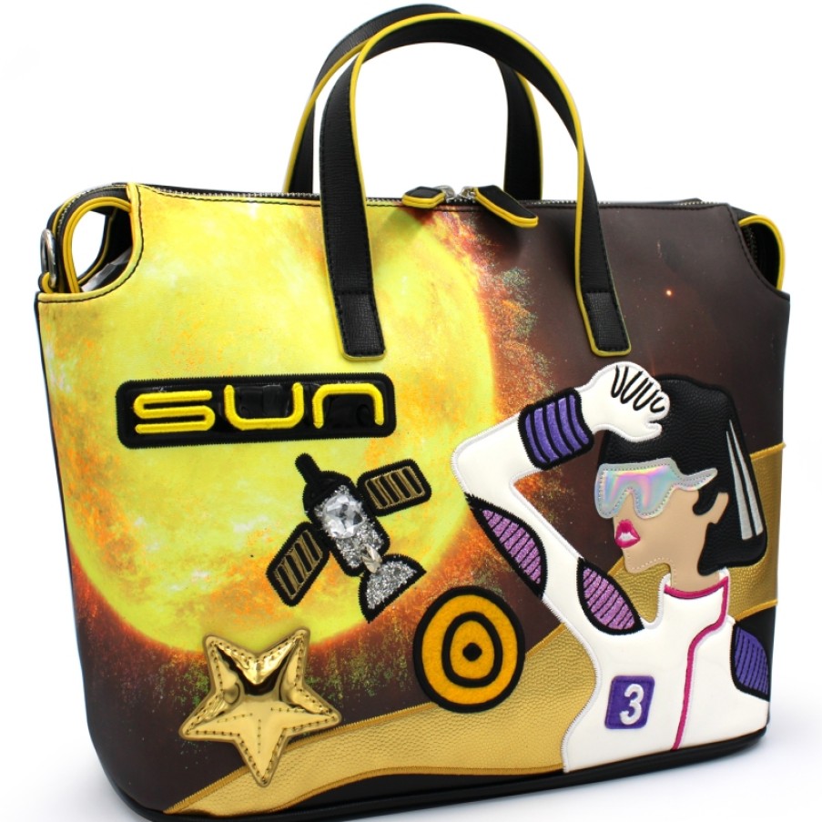 Ladies Bags Braccialini | Braccialini Satchel Bag With Colorful Sun And Space Travel Themed Collage B13257