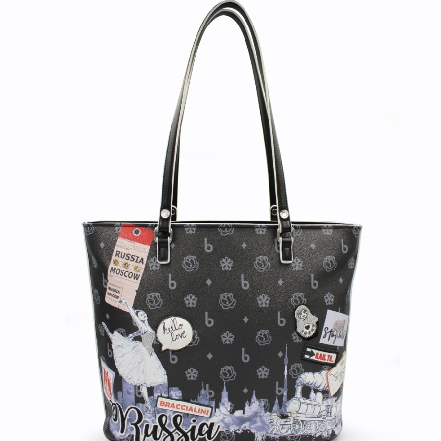 Ladies Bags Braccialini | Braccialini Shopper Bag With Applique And Embroidery, Russia Theme, Black Color B16406