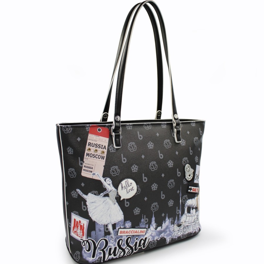 Ladies Bags Braccialini | Braccialini Shopper Bag With Applique And Embroidery, Russia Theme, Black Color B16406