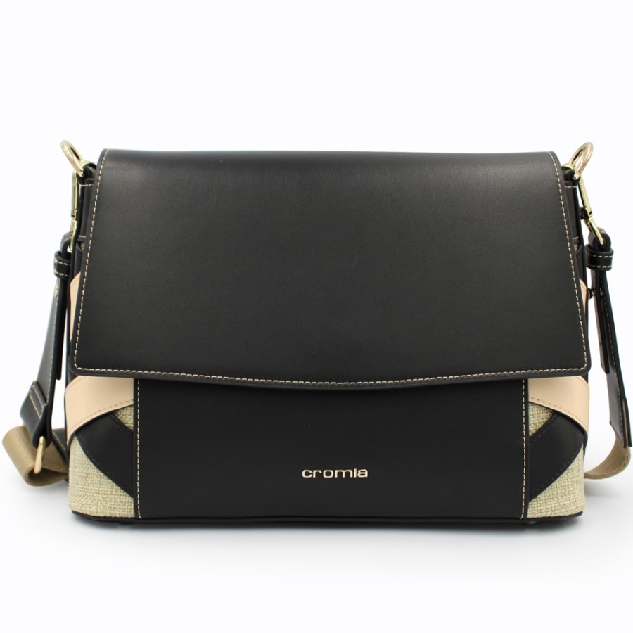 Ladies Bags Cromia | Cromia Black Leather Messenger Bag With Canvas And Two-Tone Leather Decoration 1405162