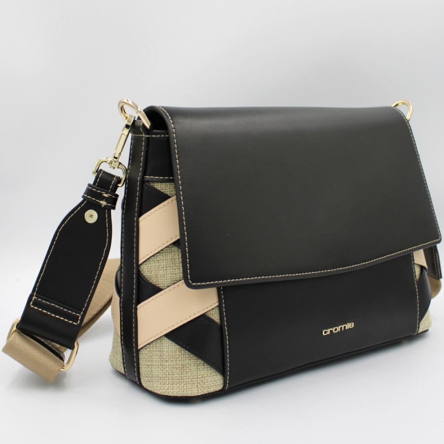 Ladies Bags Cromia | Cromia Black Leather Messenger Bag With Canvas And Two-Tone Leather Decoration 1405162