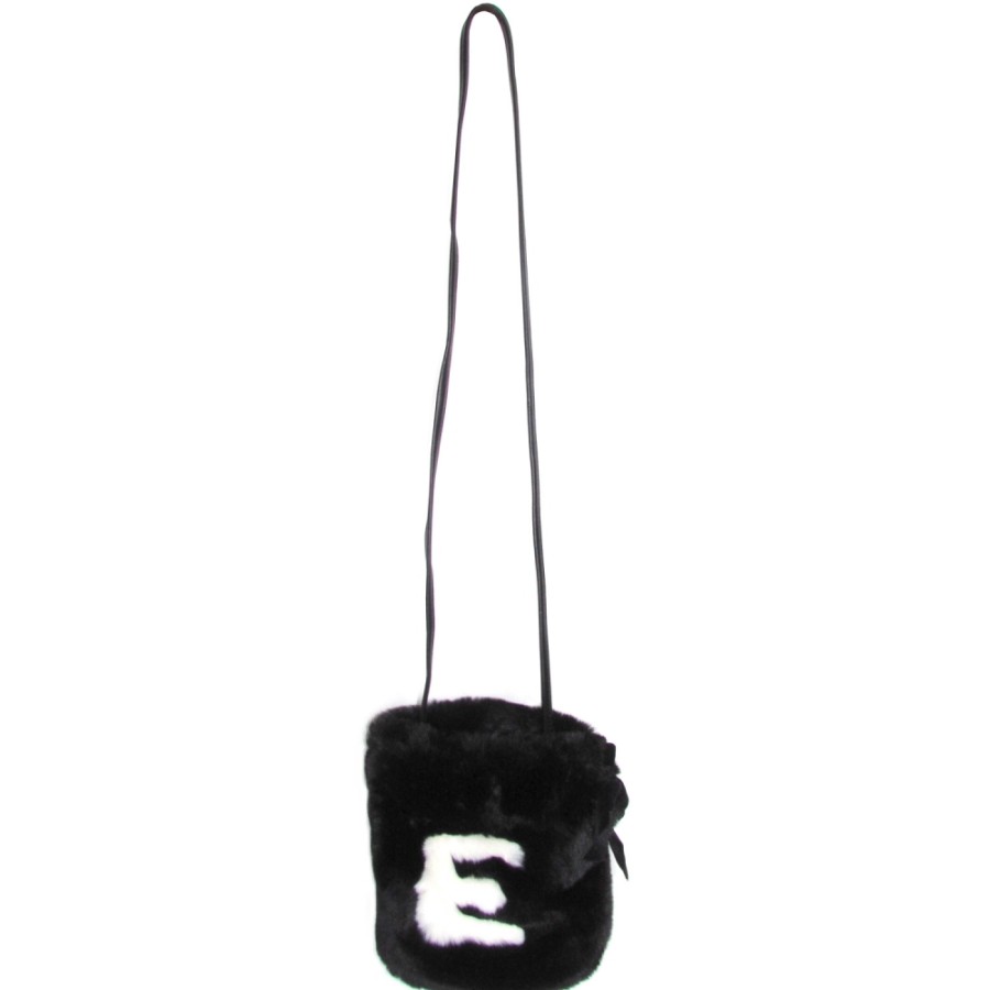 Ladies Bags ERMANNO Ermanno Scervino | Ermanno Ermanno Scervino Trendy Black Fur Bucket Bag With Logo 12400577Bl