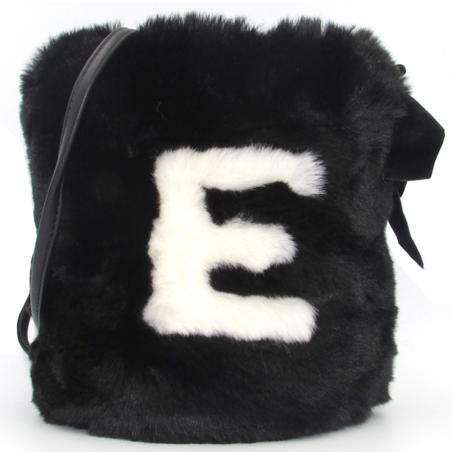 Ladies Bags ERMANNO Ermanno Scervino | Ermanno Ermanno Scervino Trendy Black Fur Bucket Bag With Logo 12400577Bl