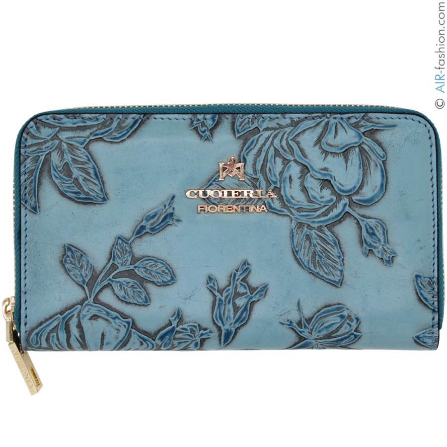 Ladies Accessories Cuoieria Fiorentina | Cuoieria Fiorentina Zip Around Wallet Of Light-Blue Leather With Embossed Roses, Made In Italy P0000D1014385_Celeste