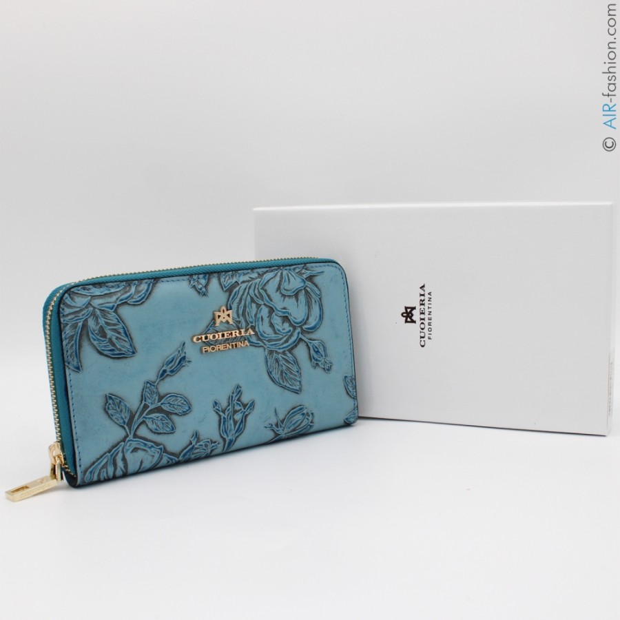 Ladies Accessories Cuoieria Fiorentina | Cuoieria Fiorentina Zip Around Wallet Of Light-Blue Leather With Embossed Roses, Made In Italy P0000D1014385_Celeste