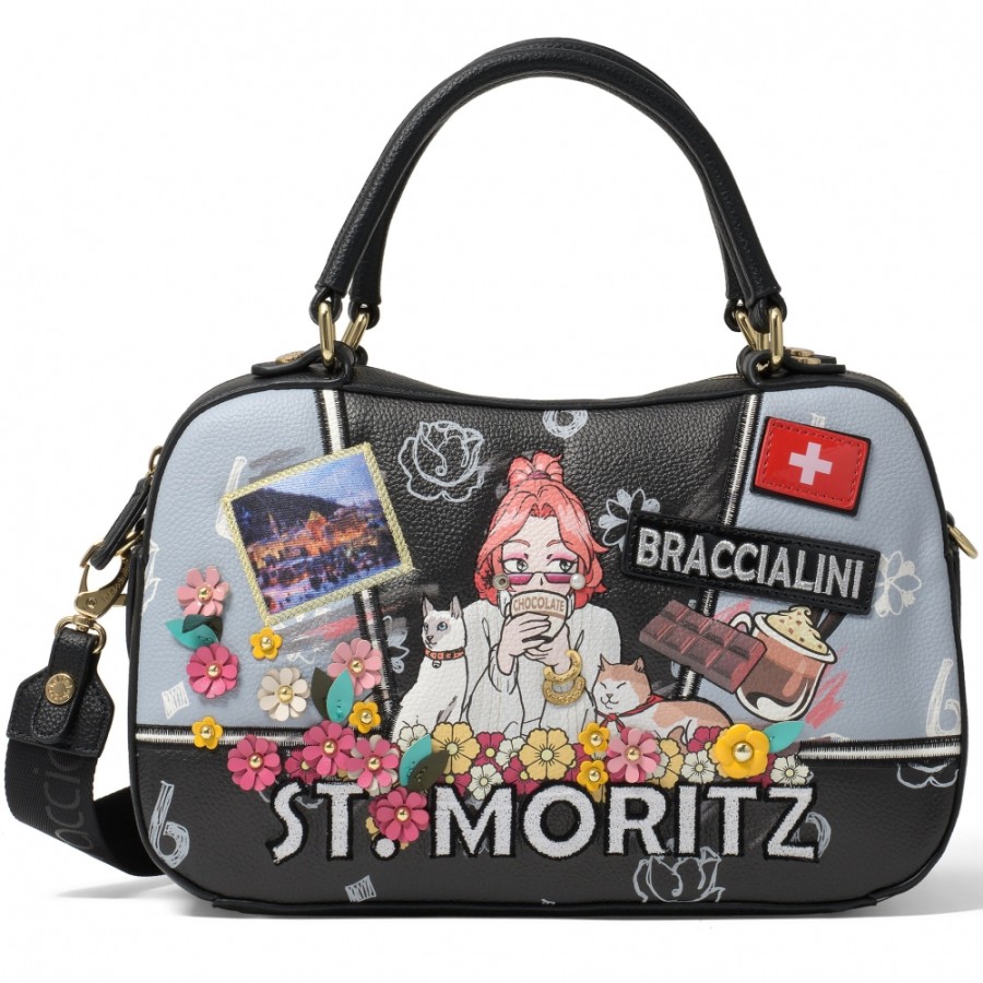 Ladies Bags Braccialini | Braccialini Black Satchel Bag With St. Moritz Winter Postcard Image B16802