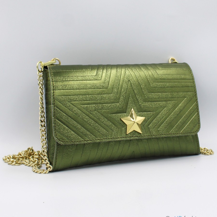 Ladies Bags M*BRC | M*Brc Green Metallic Leather Clutch Bag With Chain Shoulder Strap F223_Verde