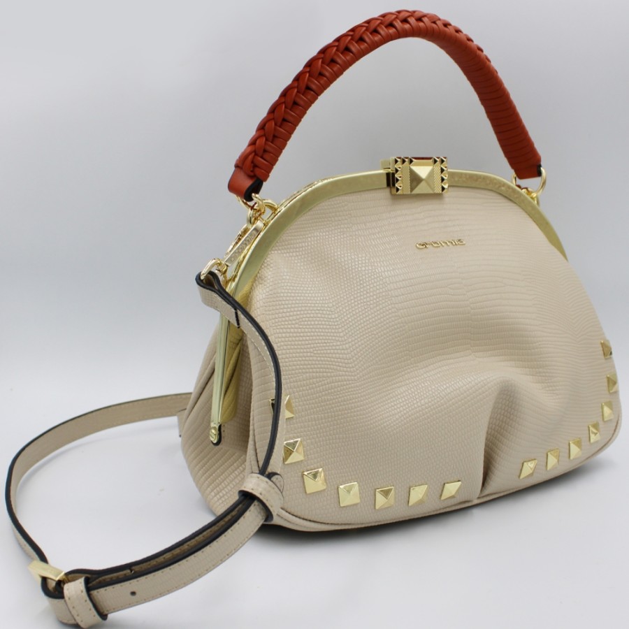 Ladies Bags Cromia | Cromia Beige Lizard-Embossed Leather Bag With 1920S-Style Closure 1405180